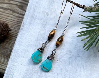 Sterling Silver Tiger Eye and American Turquoise Long Earrings