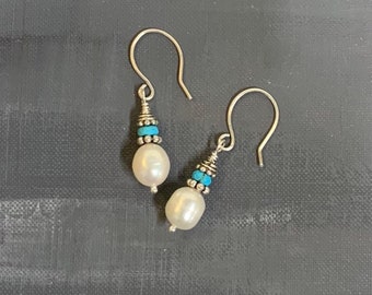 Turquoise and White Pearl Sterling Silver Earrings by Anne More Jewelry