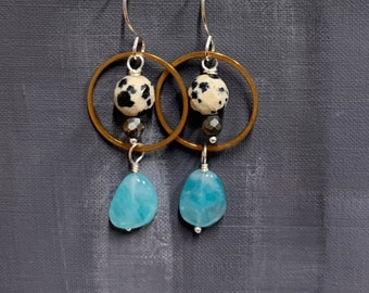 Peruvian Amazonite, Pyrite and Dalmation Jasper Orbit Earrings by Anne More Jewelry