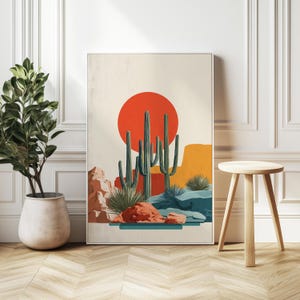Impresión vintage del desierto de Arizona: arte retro de cactus al atardecer