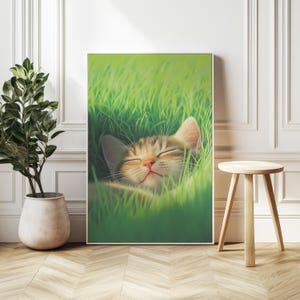 Cute Kitten Sleeping in Grass Art Print, High-Quality Oil Painting Style, Ultra HD Art Print for Animal Lovers, Cat Lover Wall Art, Gift