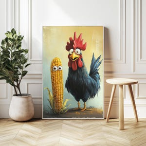 Black Rooster & Giant Ear of Corn Illustration, Whimsical Cartoon Art, Playful Farm Animal Caricature with Full-Body Character Design