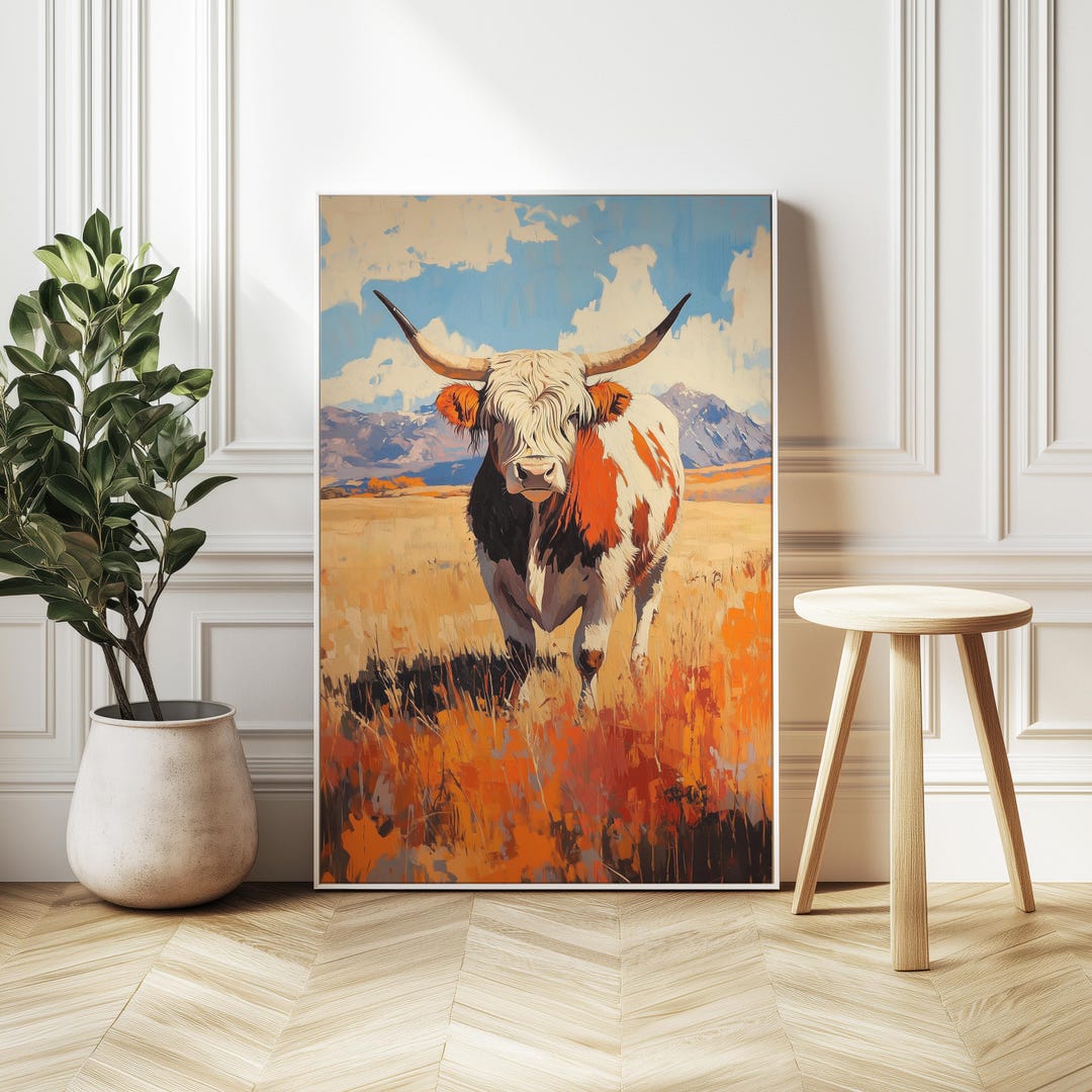 Longhorn Cow Oil Painting Print: Rustic Farmhouse Canvas Art - Etsy