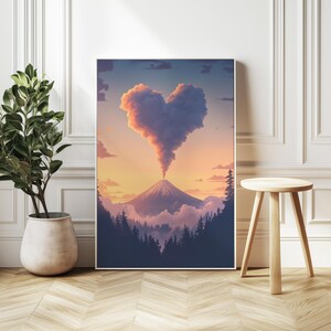 Nube de humo en forma de corazón del monte Fuji al atardecer, estilo romántico de dibujos animados con degradados suaves, impresión artística de pared con un cálido paisaje japonés