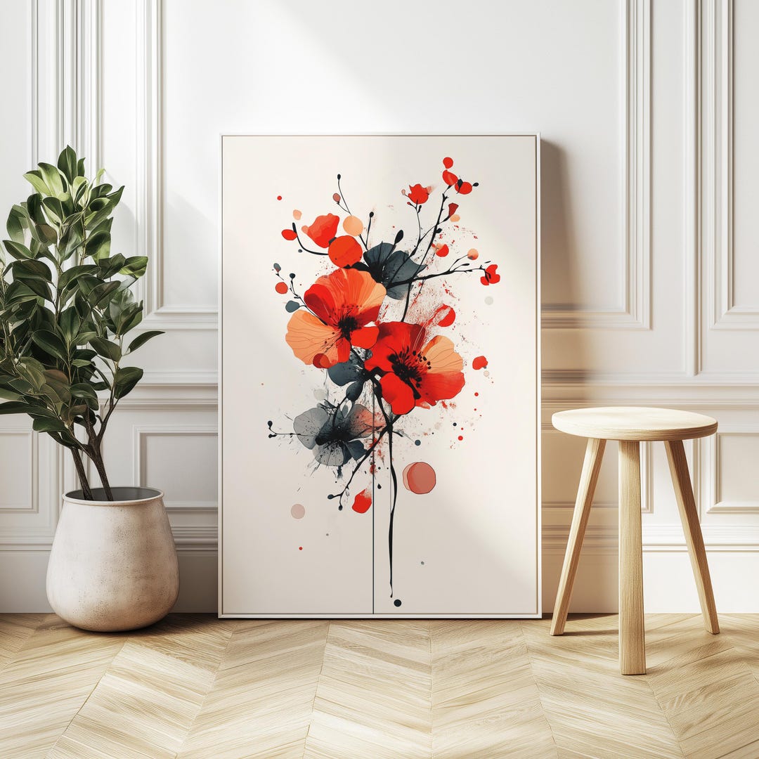 赤い花のアートプリント：ミニマリストの墨絵 - Etsy 日本