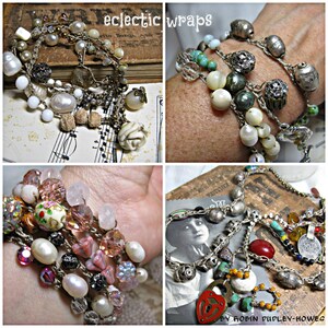 Peut inclure: Un collage de bijoux faits &agrave; la main, comprenant des bracelets et des colliers. Les bijoux pr&eacute;sentent une vari&eacute;t&eacute; de perles blanches, argent&eacute;es, roses et transparentes. Certaines pi&egrave;ces incluent des perles et des breloques d&eacute;coratives. Le texte "eclectic wraps" est visible.