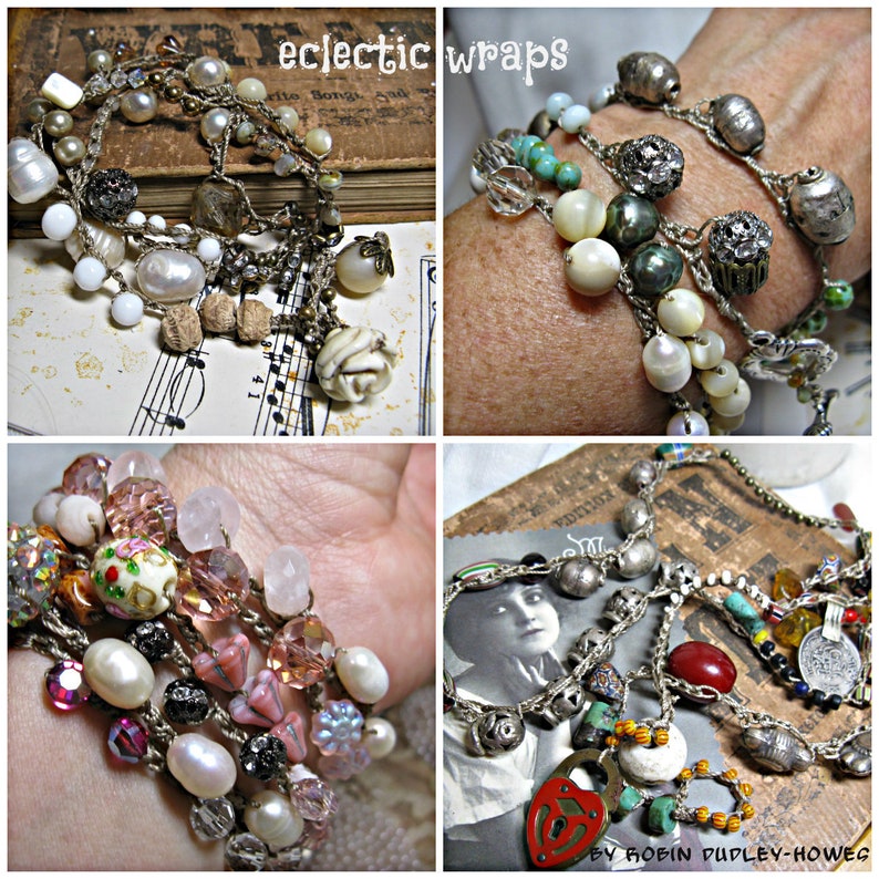 Peut inclure: Un collage de bijoux faits &agrave; la main, comprenant des bracelets et des colliers. Les bijoux pr&eacute;sentent une vari&eacute;t&eacute; de perles blanches, argent&eacute;es, roses et transparentes. Certaines pi&egrave;ces incluent des perles et des breloques d&eacute;coratives. Le texte "eclectic wraps" est visible.