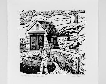 The Old Lifeboat Station at Lizard, Cornwall, linocut