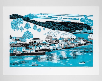 Fowey two colour limited edition lino print