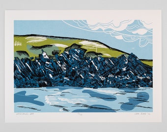 Whitesands Bay limited edition screen print, rocks, cliffs, coast