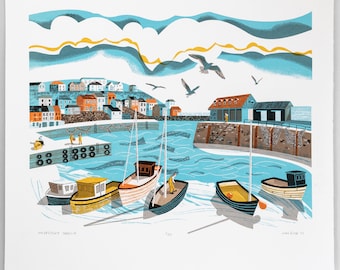 Mevagissey Harbour, six colour limited edition screenprint