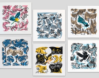 Set of all six Take Flight hand printed linocut and screen prints