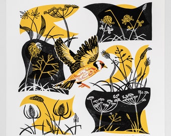 Take Flight Goldfinch hand printed linocut and screen print