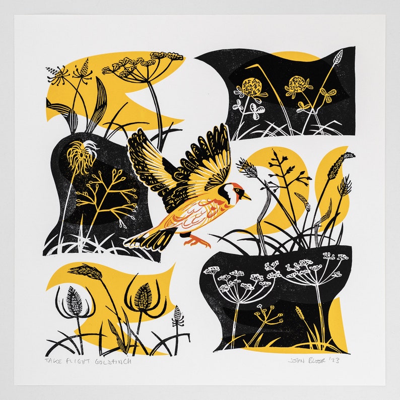 Take Flight Goldfinch hand printed linocut and screen print image 1