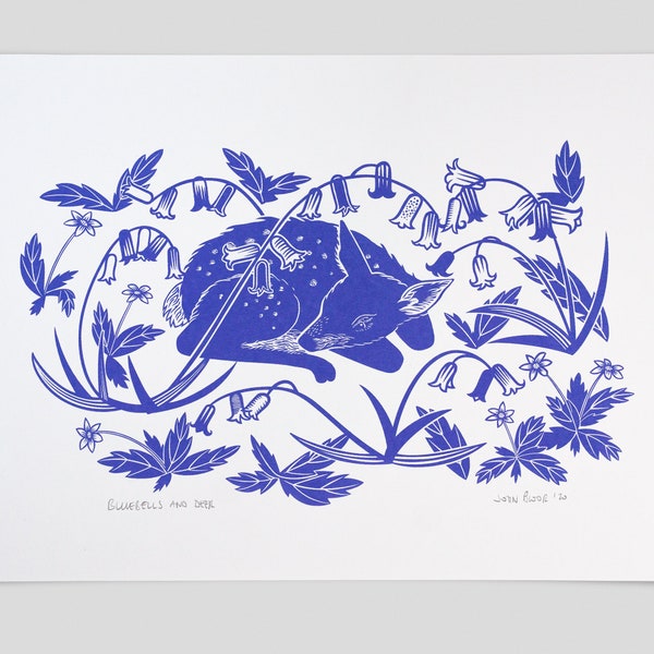 Bluebells and Deer hand pulled screen print