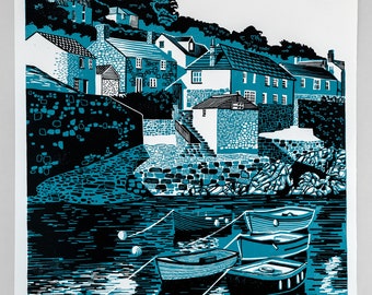 Coverack, Cornwall, two colour limited edition lino print