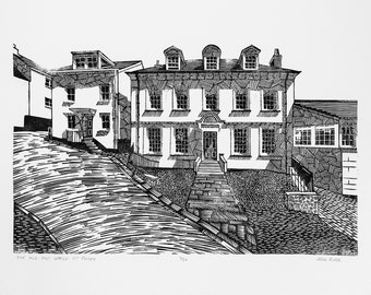 The Old Post Office at Fowey, limited edition lino print