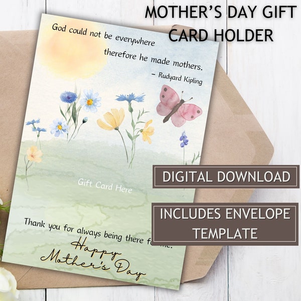 Mother’s Day Gift Card Holder with Envelope, Printable, Watercolor Flowers Nature Theme, Instant Digital Download, Last Minute Mom Gift