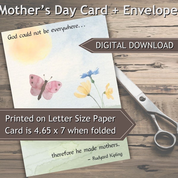 Mother’s Day Card with Envelope, Printable Mothers Day Card, Watercolor Flower Nature Theme, Instant Digital Download, Last Minute Mom Gift