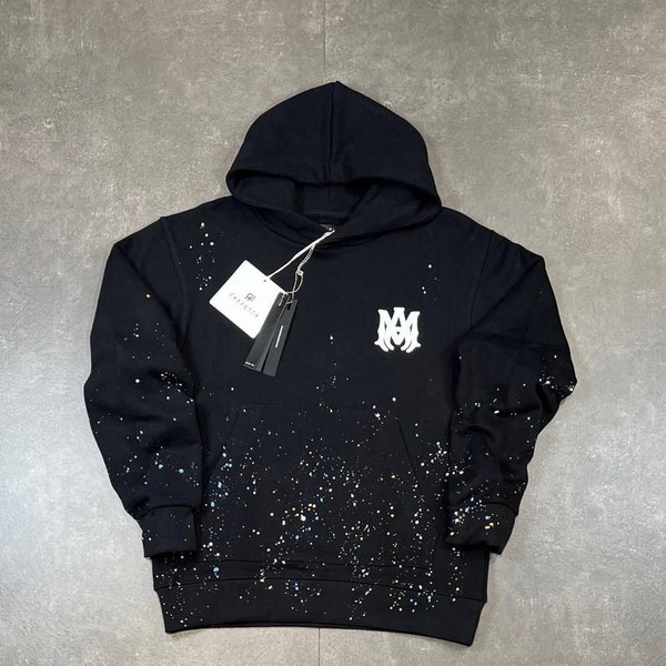 Amiri Paint Splatter Logo Hoodie - Celestial Black Designer Sweatshirt