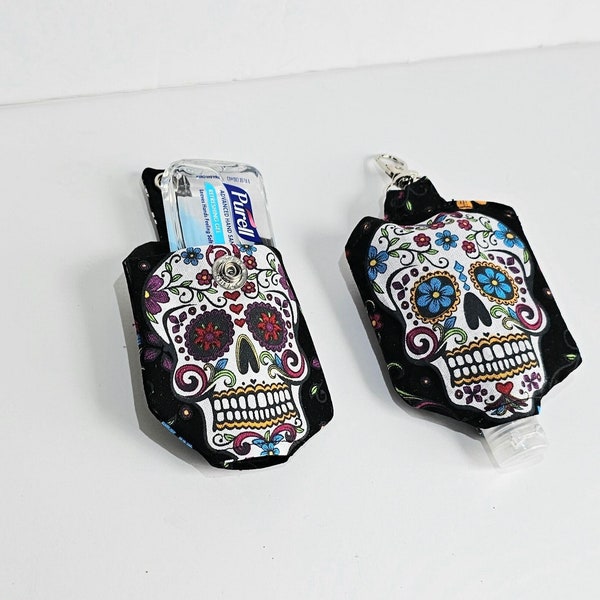 Hand Sanitizer Holder With Snap Cotton Day of the Dead Skeleton Black Multi Color Pouch