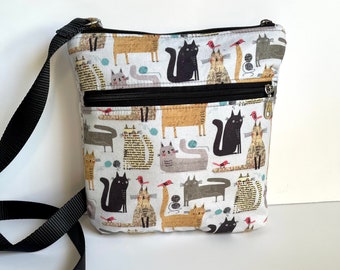 Cat Print Crossbody Purse Cotton Zip Close