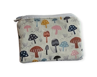 Mushroom  Zip Pouch, Coin Purse, Accessories Bag, Make Up Bag,Cream, Light Blue, Pink, Brown