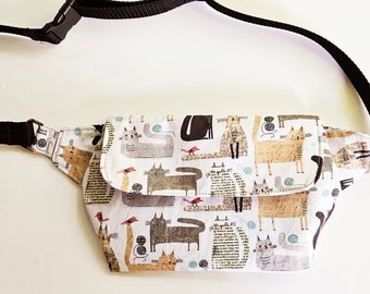 Fanny Pack/ Crossbody Bag Hip Bag Cotton Fabric with Cats Gray Black