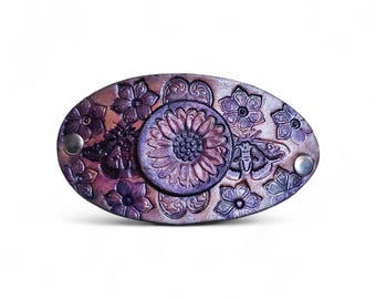 Purple Flowers Leather Hair Clip Barrette