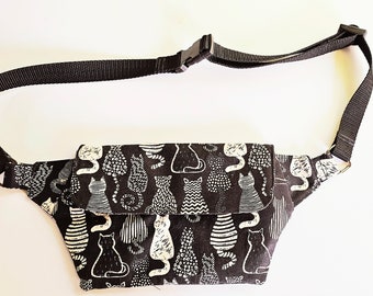 Cat Crossbody Bag, Hip Bag,Fanny Pack, Cotton Fabric with Cats, Gray Black