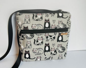 Cat Theme Small Crossbody Bag, Purse, Shoulder Bag, Zip Close, Black, White and Gray, Cotton Fabric, Essentials Bag