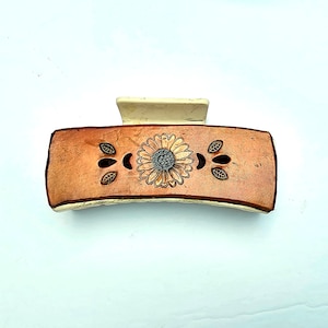 Leather Claw Sunflower Barrette Hair Clip Large Tan Flowers Tooled Punched image 1