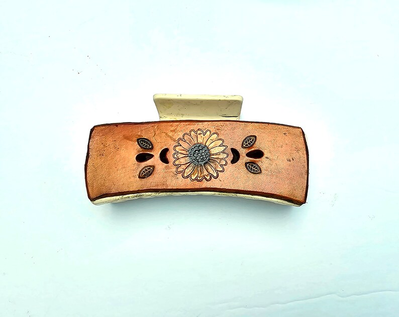 Leather Claw Sunflower Barrette Hair Clip Large Tan Flowers Tooled Punched image 1