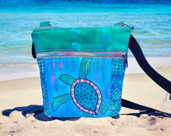 Sea Turtle Crossbody Purse Vibrant, Tropical,Fabric, Zip Close Front Zip Pocket Rainbow Zip Waterproof Lining Wearable Original Art