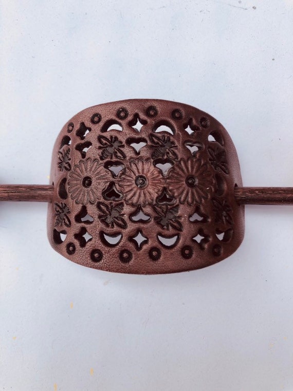 Leather Hair Slide, Brown Barrette, Bumblebee Flower Design