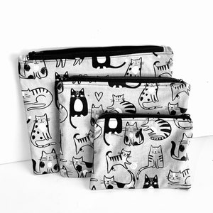 Cat Zip Pouch, Coin Purse, Accessories Bag, Make Up Bag, Gray, White, Black image 5