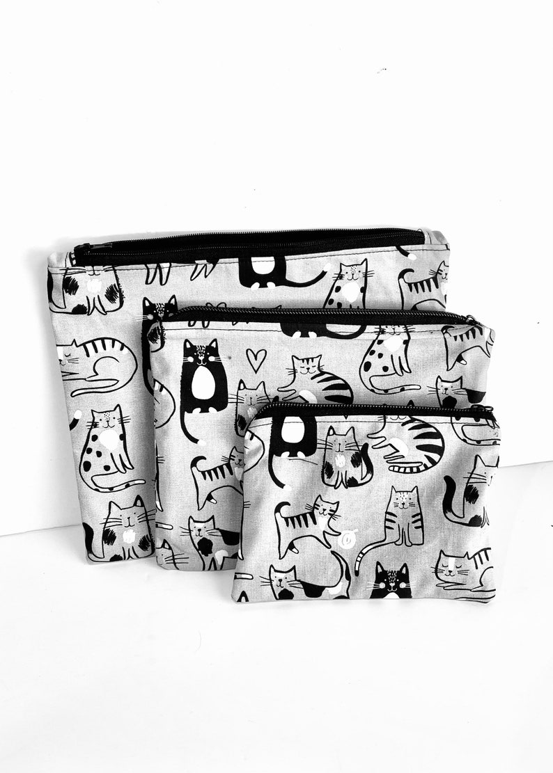 Cat Zip Pouch, Coin Purse, Accessories Bag, Make Up Bag, Gray, White, Black image 5