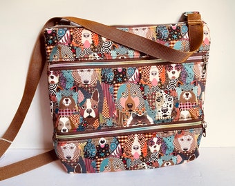 Large Crossbody Dog Bag, Purse, Shoulder Bag, 2 front pockets, Zip Close, Multi Color Brown, Rainbow Zip, 2 Outside Zip Pockets