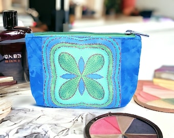 Zip Pouch, Coin Purse, Accessories Bag, Make Up Bag, Cactus Flower, Lime Green, Turquoise