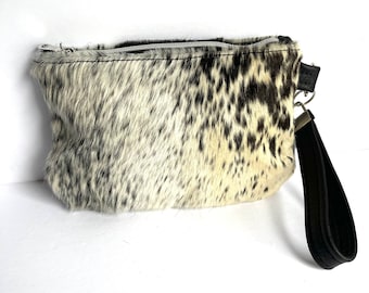 Wristlet Purse, Leather, Wrist Bag, Wrist Pouch, Hair On Hide Cow Leather, Black and White, Fully Lined, Attached Leather Key Ring