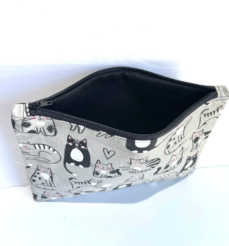 Cat Zip Pouch, Coin Purse, Accessories Bag, Make Up Bag, Gray, White, Black image 3