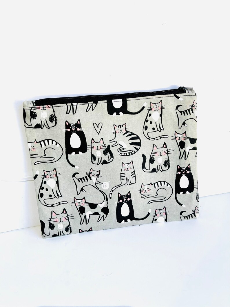 Cat Zip Pouch, Coin Purse, Accessories Bag, Make Up Bag, Gray, White, Black image 4