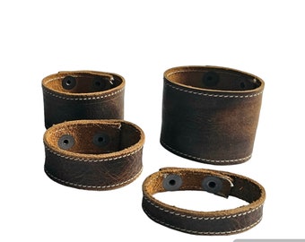 Bracelet Leather 5/8" to 2" wide Cuff for women or men  Medium Brown Pull Up Leather Cuff with Contrasting Stitching Wristband by Shaterra