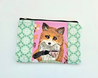 Fox Zip Pouch, Coin Purse, Accessories Bag, Make Up Bag, Green, White, Pink