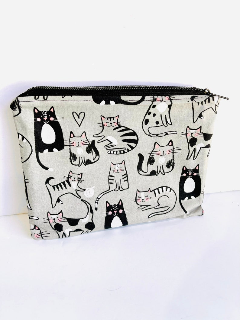 Cat Zip Pouch, Coin Purse, Accessories Bag, Make Up Bag, Gray, White, Black image 2