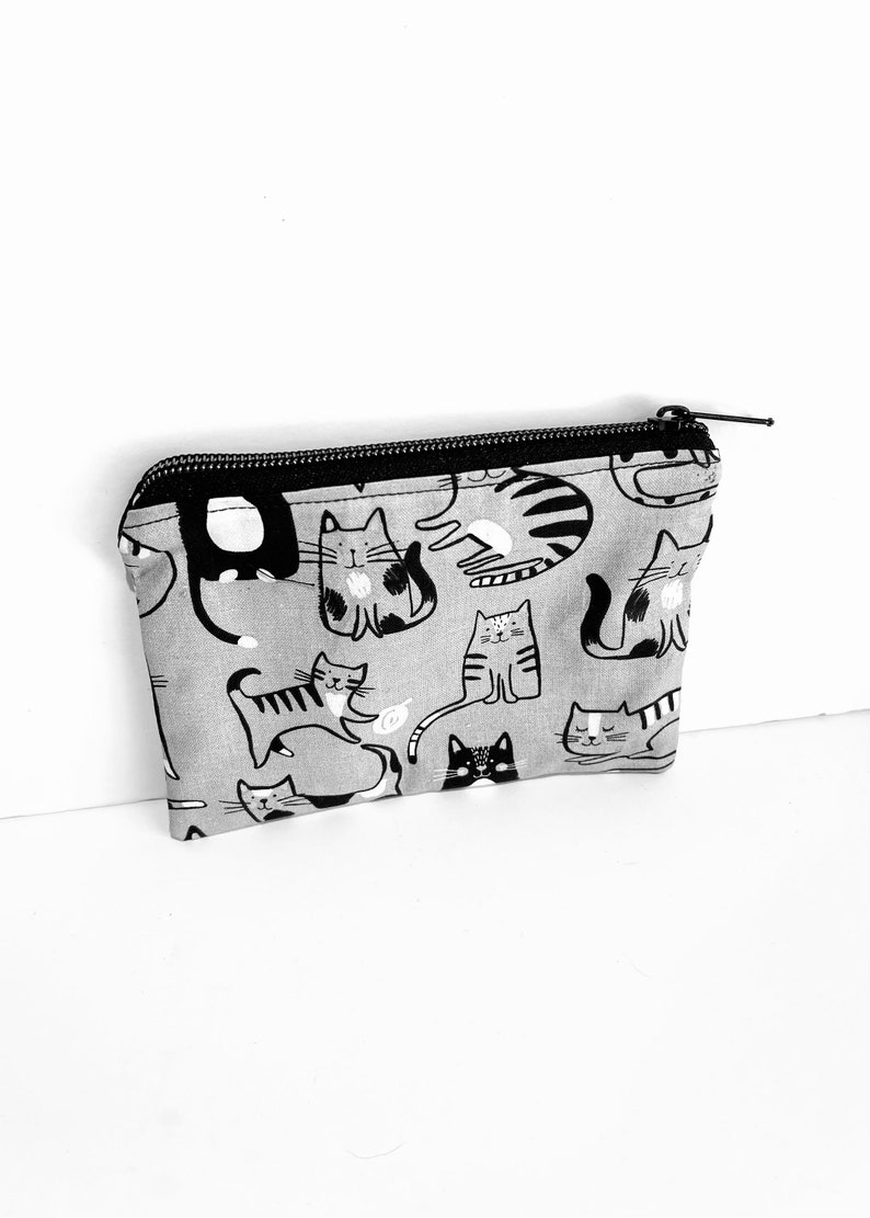 Cat Zip Pouch, Coin Purse, Accessories Bag, Make Up Bag, Gray, White, Black image 1