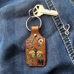 Hand Tooled Leather Western Cowgirl Butterflies Alphabet Keychain or Purse Charm, Vintage Style Leather Gift for Her
