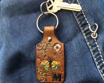 Hand Tooled Leather Western Cowgirl Butterflies Alphabet Keychain or Purse Charm, Vintage Style Leather Gift for Her