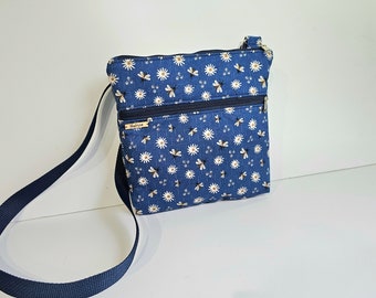 Daisies and Bumblebees Blue Small Crossbody Cell Phone Bag, Purse, Shoulder Bag, Zip Close,  Cotton Fabric, Essentials Bag