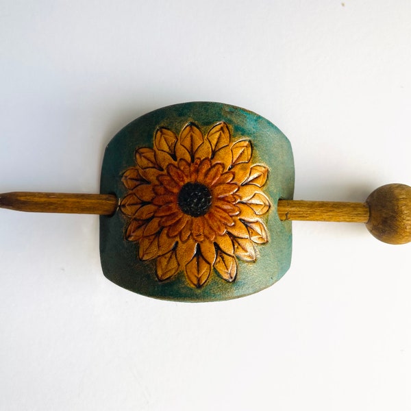 Sunflower Leather Hair Clip Stick Small Turquoise Gold Hair Pin Hair Slide Barrette Oval